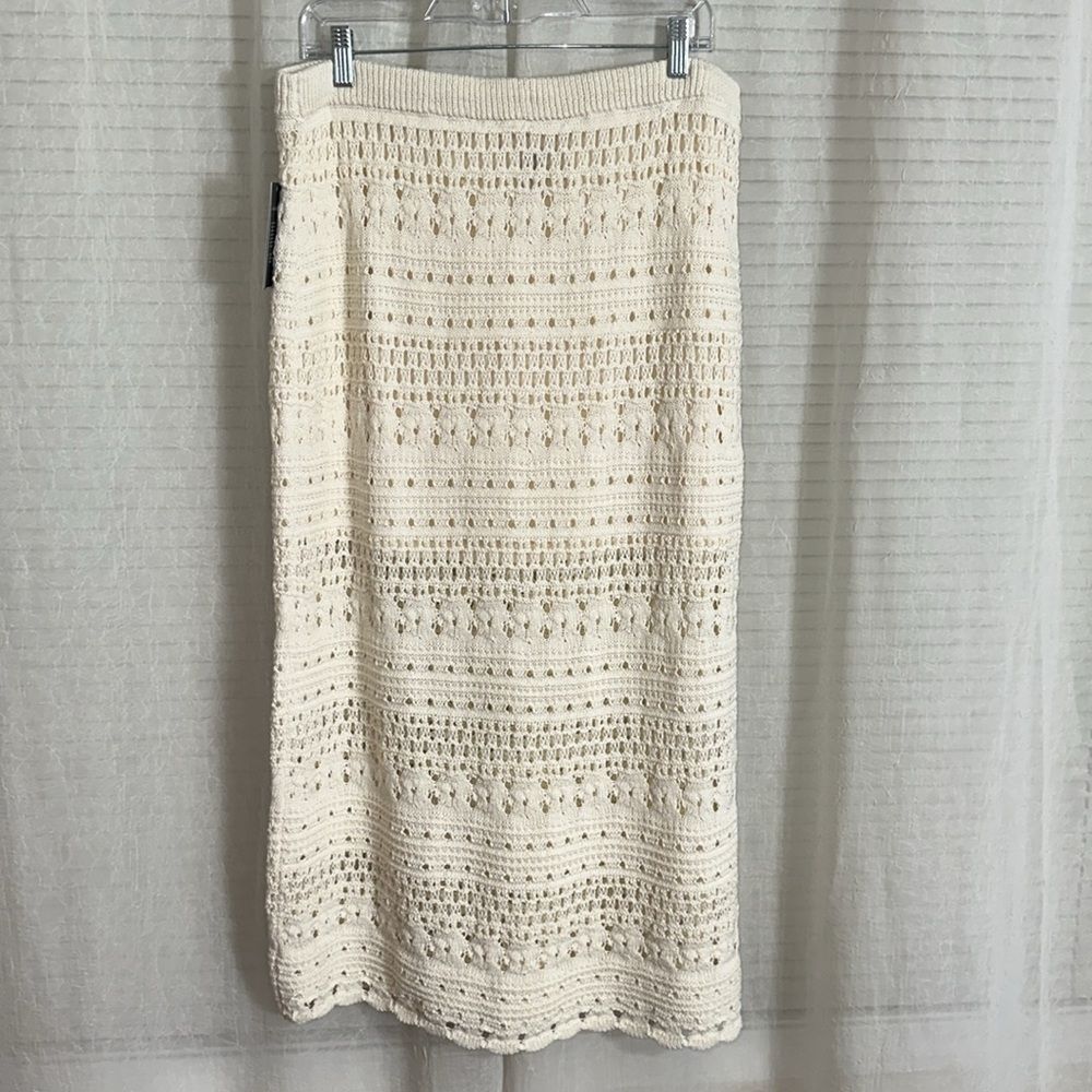 UT XL Cream Openwork Midi Sweater Crochet Knit Scalloped Drawstring Skirt - Picture 10 of 16